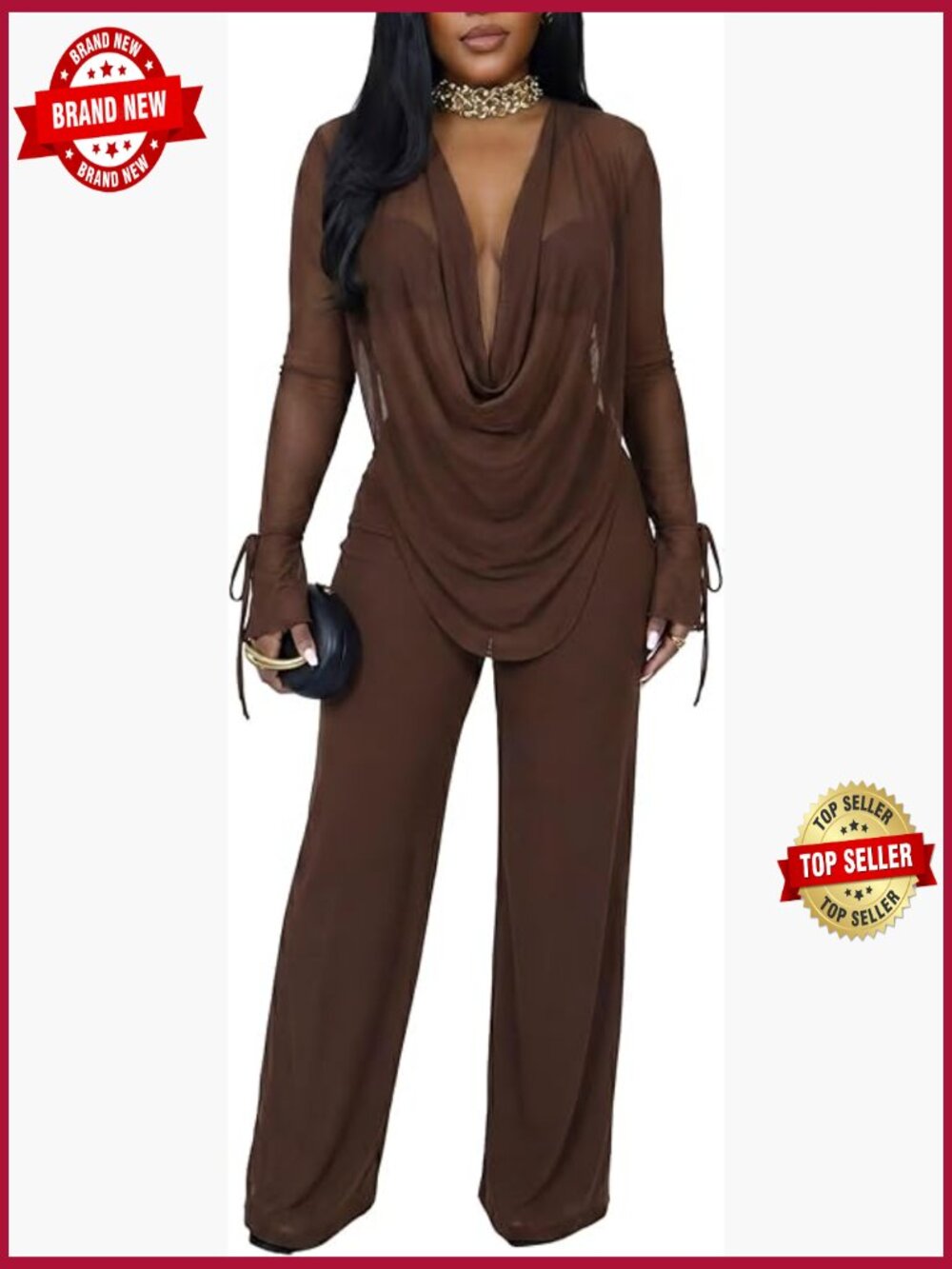 Sheer Mesh Cowl Neck 2 Piece Pants Set Swimsuit Cover Up Beachwear